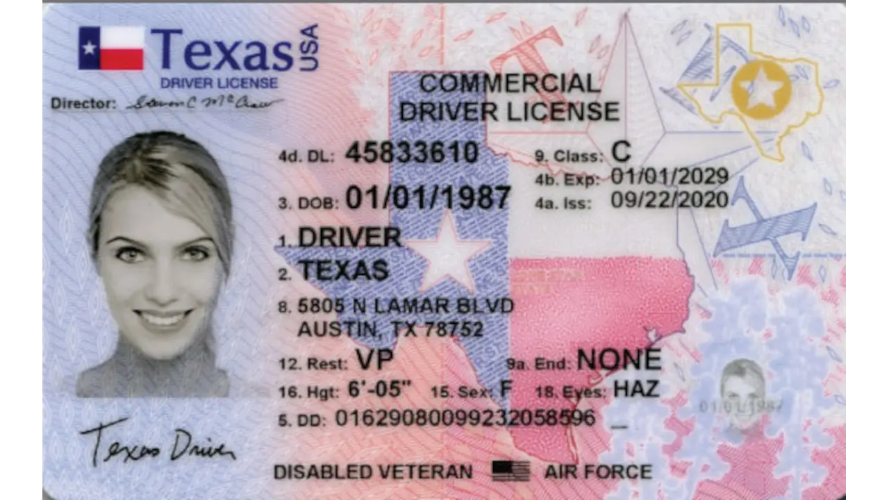 Sample of Texas drivers license