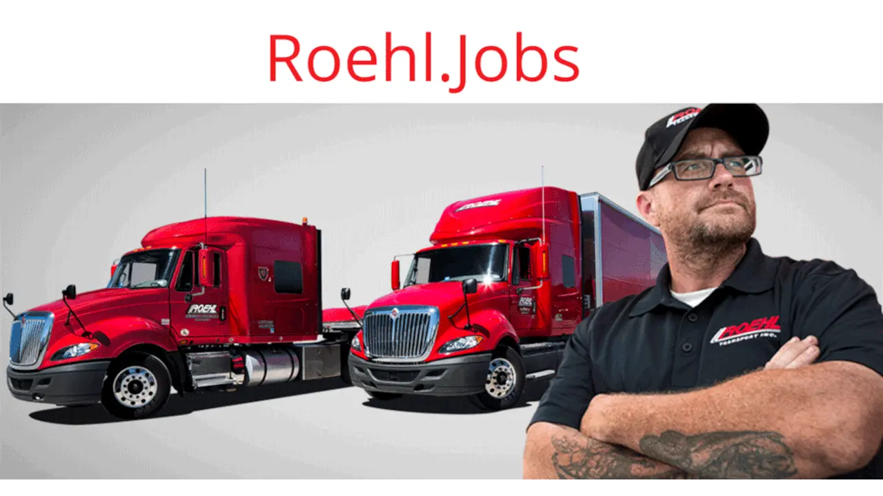 Roehl.Jobs graphic with two trucks and a truck driver
